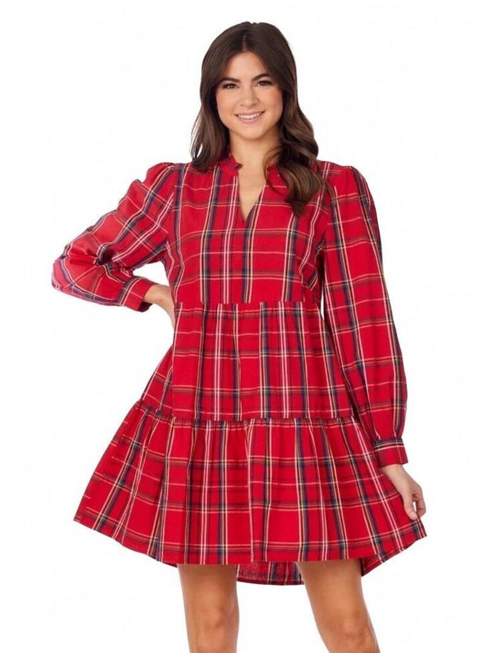 Mud Pie Red Plaid Women’s Tiered Dress Holiday Christmas